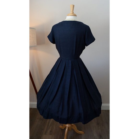 Vintage 1950s Navy A-Line Dress Midi 50s Silk S Sm - Picture 4 of 10